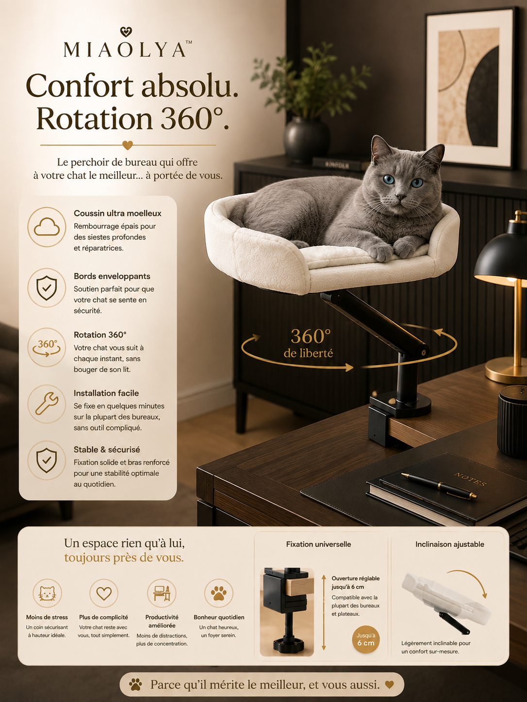 Perchoir de Bureau Miaolya™ — Lit Rotatif pour Chat