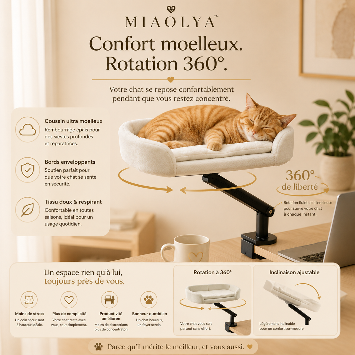 Perchoir de Bureau Miaolya™ — Lit Rotatif pour Chat