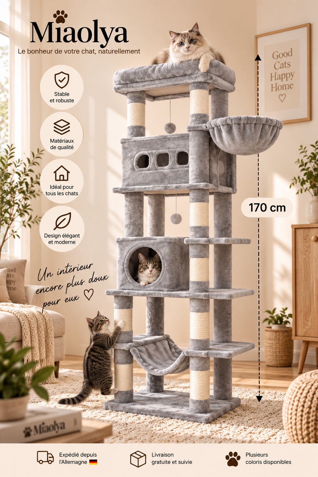 Arbre à chat XL 170 cm – Tour multi-niveaux avec griffoirs et couchages