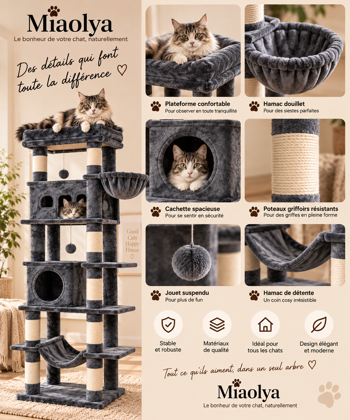Arbre à chat XL 170 cm – Tour multi-niveaux avec griffoirs et couchages