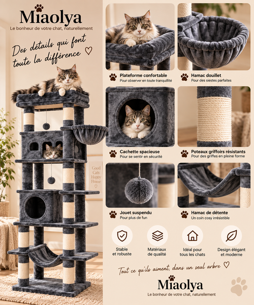 Arbre à chat XL 170 cm – Tour multi-niveaux avec griffoirs et couchages