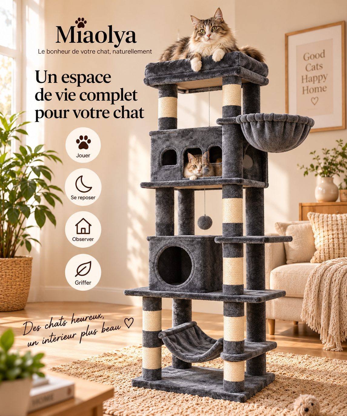 Arbre à chat XL 170 cm – Tour multi-niveaux avec griffoirs et couchages